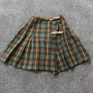 Vintage Handmade Skirt Womens XS Green Plaid Pleated Wrap Buckle Mini Kilt
